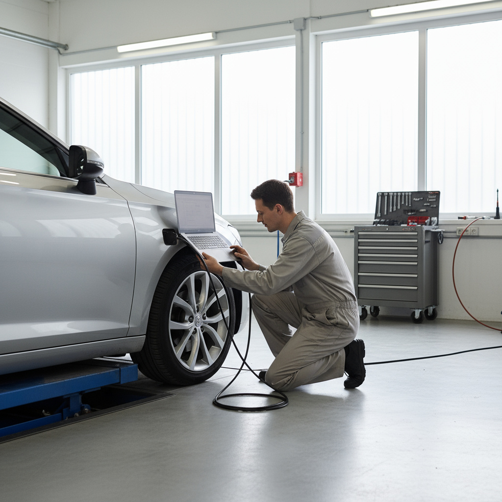 Techniker verbindet Laptop über OBD